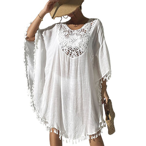 Women Tassel Trim Crochet Cover Up Boho Dress