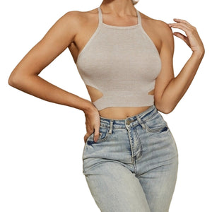 Ladies' Hollow Out Back Lace Up Solid Color Vest Top